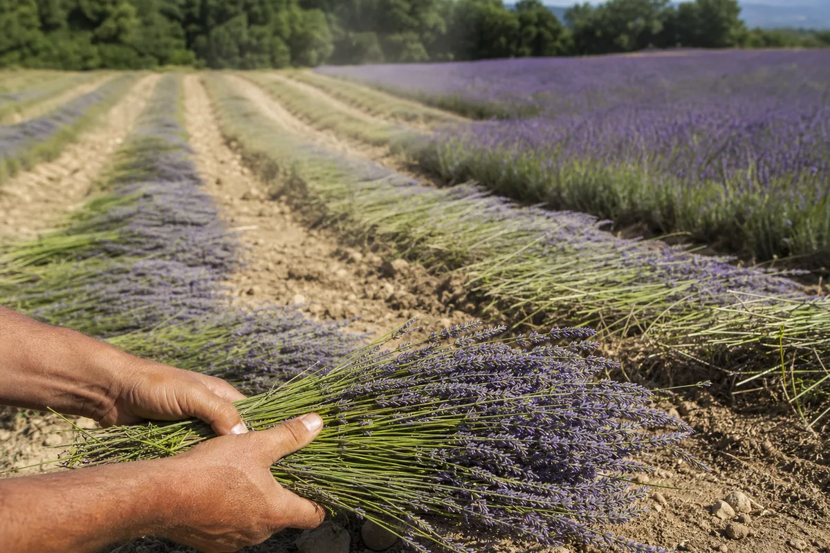 Bouquets de lavandin coupés et déposés sur une allée de terre en bordure de parcelle