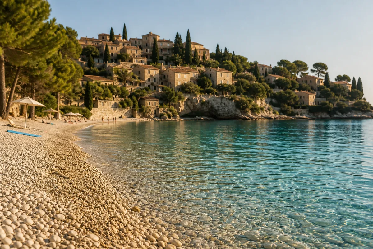 Plage de galets clairs au bord d une eau turquoise, village provençal perché en arrière-plan