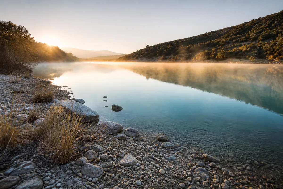 Berge déserte du lac au lever du soleil avec brume légère sur l eau et collines de chênes verts